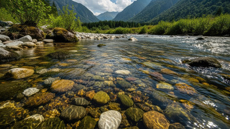 Mountain river with clear water and stones in summer sunny day.の素材