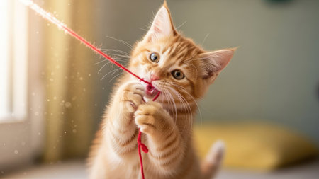Cute ginger kitten playing with a red string in the living roomの素材