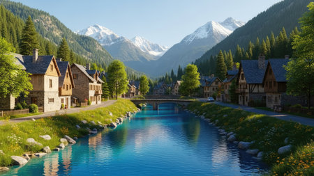 Swimming pool in a small village with mountains in the background.の素材