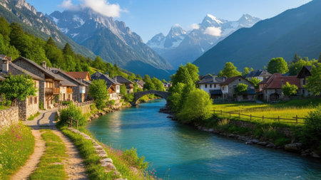 Panoramic view of a small village in the Swiss Alps.の素材