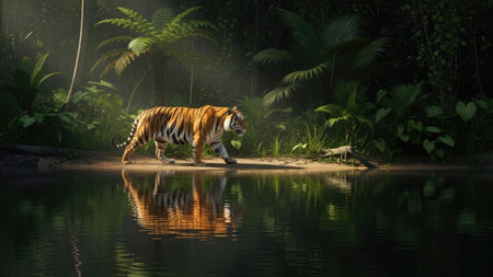 Bengal tiger in the jungle with reflection in the water.の素材