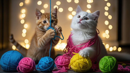 Two cute kittens playing with ball of yarn on Christmas lights background.の素材