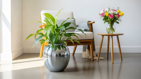 Interior of living room with sofa, chair and flowers in vaseの素材
