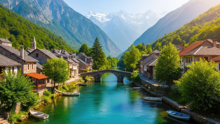 Mountain landscape with old stone bridge over the river in Bernese Oberland, Switzerlandの素材