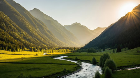 Mountain landscape with river and forest at sunset. Caucasus, Russiaの素材