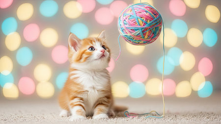 Cute little kitten with ball of yarn on bokeh backgroundの素材