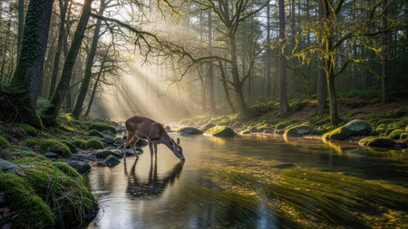 Deer in the forest at sunrise with sunbeams passing throughの素材