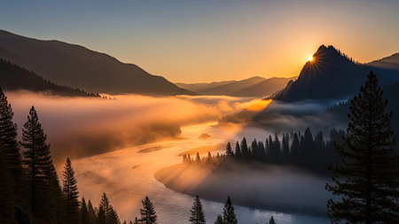 Foggy morning in the mountains of Canada. Panorama.の素材