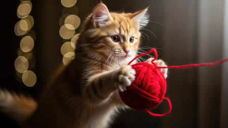 Cute ginger kitten playing with a ball of yarn on Christmas backgroundの素材