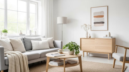 Modern living room interior with comfortable sofa, coffee table and other itemsの素材