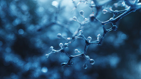 An artistic macro photograph presents a complex network of branching elements, each tipped with small spheres. The image showcases a monochromatic palette primarily consisting of shades of blue, with a soft focus effect. This composition might be suitable for scientific illustrations or use as a digital background. It also lends itself well to artistic or conceptual projects.の素材