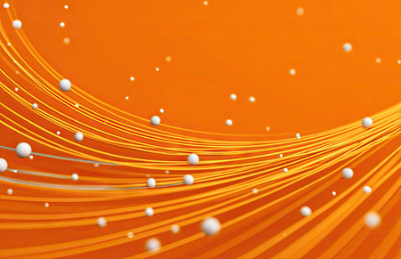 An abstract composition features curving orange lines against a gradient background. Small white spheres are scattered across the image, suggesting movement and depth. The style appears digital, ideal for various design applications, including website backgrounds and visual elements for commercial projects.の素材