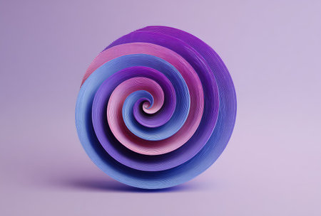 This abstract composition features a swirling spiral design in shades of purple, blue, and pink. The image presents a 3D rendering with smooth textures and gradient shading against a plain background. Its minimalist style suggests commercial applications for design, branding, or creative projects.の素材