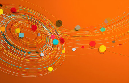An abstract design features swirling lines and colorful dots arranged on an orange backdrop. The composition showcases dynamic movement and a playful aesthetic. Suitable for various applications, including website backgrounds, promotional materials, or creative projects. This design can be used for editorial or commercial purposes.の素材