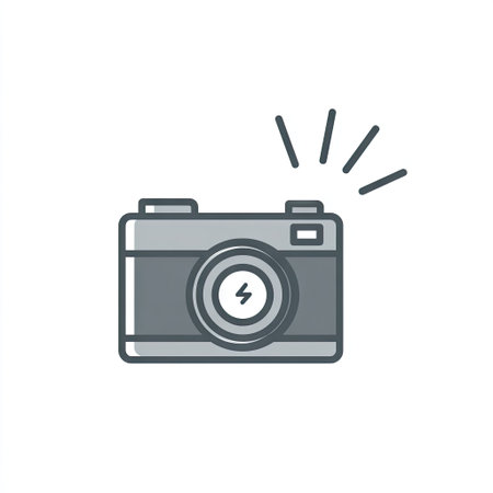 An illustration depicts a camera, presented in a clean, modern style. The graphic utilizes shades of gray against a white background, highlighting its design. This vector image could be employed in various contexts such as design projects, website elements, or as a visual representation for commercial applications.の素材