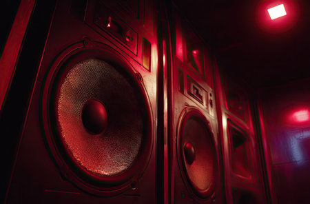 Image showcases a detailed view of several large speakers, bathed in dramatic red lighting. The composition features close-up framing, highlighting the textures and geometric shapes of the equipment. This image could be suitable for promotional materials related to entertainment or design.の素材