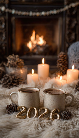 Two mugs sit before a fireplace with burning candles and decorative elements. The scene presents soft lighting and a blurred background, suggesting a comfortable interior. Warm tones dominate, enhanced by the glow of the fire. Ideal for use in projects related to hospitality, warmth, or seasonal promotions.の素材