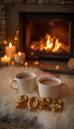 Two mugs of coffee are placed in front of a warm fireplace, with glowing candles. The scene features soft lighting and a blurred background. Golden numbers indicating the year are at the bottom of the image. Suitable for commercial use related to lifestyle and celebrations.の素材