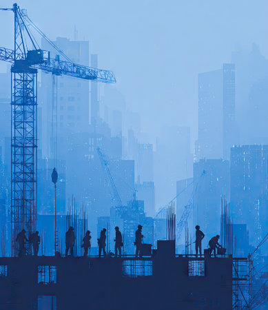 The image features silhouettes of construction workers and a towering crane against a cityscape backdrop. The monochromatic color scheme highlights the geometric forms and creates a sense of depth. The imageの素材