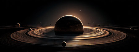 An artistic rendering presents a celestial body encircled by prominent rings, set against a dark, star-speckled expanse. Warm, earthy tones dominate, with a play of light and shadow adding depth. This visually compelling image could be used in various commercial or editorial contexts.の素材