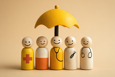 Five wooden figures, each with a smiling face, stand sheltered under a yellow umbrella. One figure has a medical symbol, while others depict medical professionals. The composition, on a warm background, uses bright colors and a shallow depth of field. This image could be suitable for illustrating concepts related to healthcare, insurance, or well-being in various commercial contexts.の素材