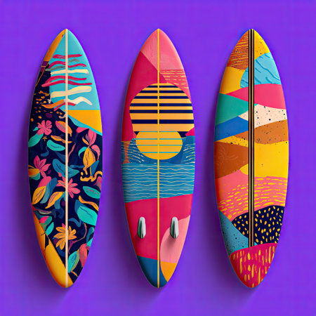Three vividly decorated surfboards are arranged against a uniform purple backdrop. The boards showcase a variety of artistic designs incorporating geometric shapes, floral patterns, and contrasting colors. This visually appealing composition could be suitable for promotional materials related to sports, design, or lifestyle content.の素材