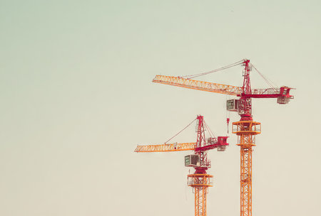 Two construction cranes are positioned against a pale, minimalistic sky. The cranes, featuring red and yellow hues, stand tall, suggesting a modern industrial environment. This image could be used for illustrations related to building, engineering, and construction projects or as a backdrop for various design applications.の素材