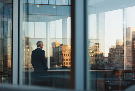 A man in a suit stands by a large window, observing a cityscape. The composition features a shallow depth of field, with the focus on the figure and the buildings visible through the glass. The lighting suggests a bright, sunny day, potentially suitable for business presentations or editorial content.の素材