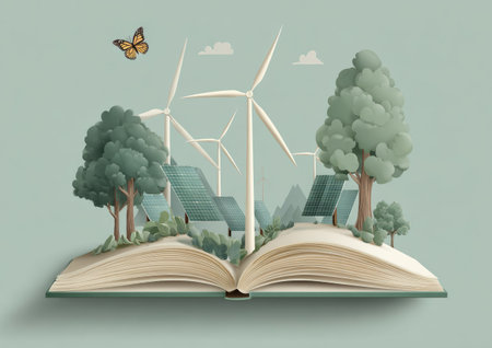 An open book displays a scene of sustainable energy. Wind turbines and solar panels are integrated within a natural landscape with trees. The illustration uses soft colors and a clean style. It may be suitable for editorial content or promotional materials related to ecology.の素材