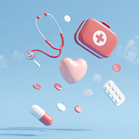 An illustration features medical elements including a heart, stethoscope, pills, and first aid kit against a blue background. The composition employs a 3D rendering style, with soft lighting and vibrant colors. It would be suitable for various applications, such as healthcare presentations, health awareness campaigns, or medical education materials.の素材