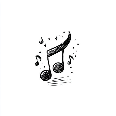 An artistic illustration features a large musical note and several smaller notes. This monochrome artwork has a sketchy style with texture created through shading. The design includes stars, suggesting a creative or imaginative setting. It could be used for various projects related to music or artistic themes.の素材