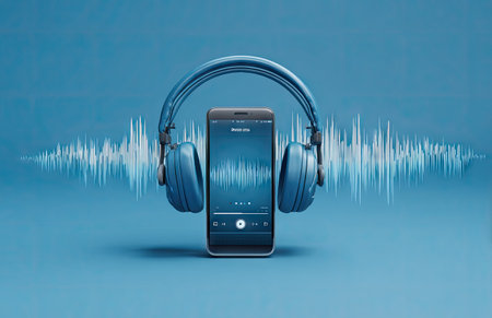A pair of blue headphones is placed around a smartphone, showcasing an audio waveform. The image utilizes a monochromatic color scheme against a blue backdrop. The visual composition suggests concepts related to sound, music, or digital technology, suitable for various editorial and commercial applications.の素材