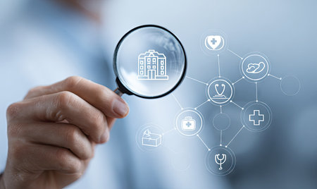 An individual holds a magnifying glass over a stylized building icon, accompanied by a network of interconnected healthcare symbols. The image features a blue and white color scheme with a blurred background suggesting a modern office setting. This composition may be suitable for illustrating concepts related to medical research, analysis, and healthcare innovation.の素材