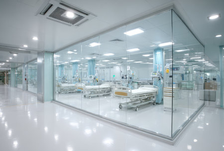 An interior shot showcases a modern hospital room. The image reveals multiple beds, medical equipment, and a bright, clean design. The composition features a symmetrical arrangement, with a focus on functionality and sterile environment. Suitable for healthcare, medical, or architectural purposes, the scene evokes a sense of professionalism and care.の素材