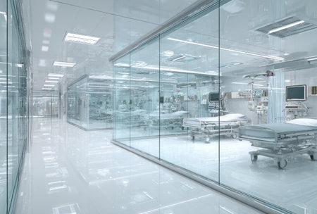 A spacious hospital interior featuring glass walls and modern medical equipment is displayed. The image showcases a bright, clean environment with a focus on functionality and modern design. The composition emphasizes the interplay of light and shadow, suggesting potential uses for medical, architectural, or healthcare-related projects.の素材