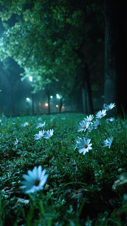 This image showcases a low-angle view of white flowers scattered across a grassy area. The scene is bathed in cool, bluish light, likely from street lamps, suggesting a nighttime environment. The composition highlights the delicate petals and lush greenery, providing an appealing visual for various commercial and editorial applications.の素材