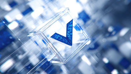 A close-up 3D rendering features a checkmark icon set within a clear, reflective enclosure, displayed against a backdrop of blue geometric shapes. The lighting appears soft and diffused, creating a sense of depth and modernity. This visual is suitable for a wide range of uses, from illustrating concepts to enhancing design projects.の素材