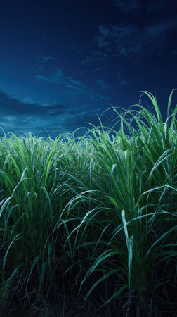 This image features tall green reeds against a deep blue night sky. The composition emphasizes the natural forms and textures, with a focus on color contrast. The lighting suggests a nocturnal environment. Suitable for a variety of commercial and editorial applications, offering versatility in design.の素材