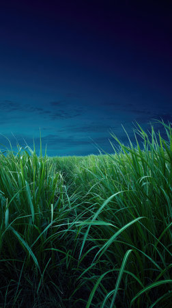 A field of vibrant green grass dominates the foreground, leading the eye toward a horizon under a deep blue sky. The scene is illuminated by soft lighting, highlighting the textures of the blades. This composition could be used for various commercial or editorial applications.の素材
