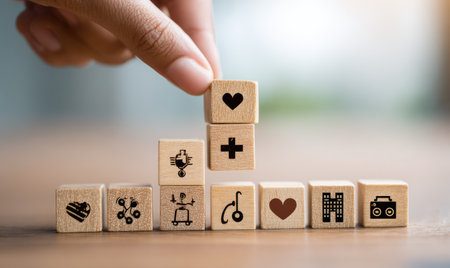 A hand places a block on top of others with different health-related symbols. The close-up shot displays wooden blocks and a blurred background. The image has soft lighting and a neutral color palette. It could be used for healthcare, wellness, and educational materials.の素材