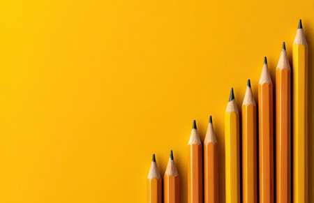 A row of pencils, each of varying heights, are arranged diagonally against a vibrant yellow background. The composition features sharp focus on the pencil tips, showcasing a gradient effect. This image highlights order and growth, offering potential for commercial applications like education and business-related content.の素材