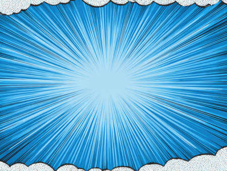 This abstract illustration presents a blue burst effect with converging radial lines, creating a sense of energy and motion. The composition, framed by a textured white cloud border, utilizes a vibrant color palette. It suggests a dynamic visual element suitable for various graphic design purposes, including backgrounds and promotional materials.の素材