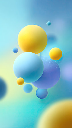 A dynamic composition presents several spheres in varying sizes and hues, primarily yellow and blue. The spheres appear to float against a blurred gradient backdrop, exhibiting soft textures and subtle lighting. The image evokes a sense of depth and visual interest, suitable for various design applications.の素材