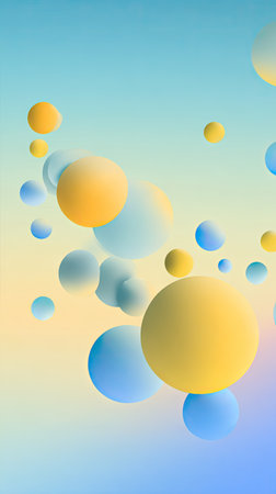 This abstract image features multiple spheres floating against a softly colored gradient. The spheres vary in size and color, with yellow and blue hues dominating the composition. The overall style suggests a modern and clean aesthetic. This image may be suitable for use in design projects or as a background.の素材