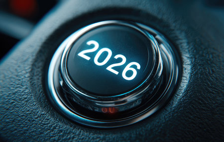 This image showcases a close-up of a start button with the year 2026 illuminated. The button is embedded in a dark surface, exhibiting a circular design with metallic detailing. The lighting suggests an indoor setting, possibly within a vehicle or technological device. Suitable for various editorial and commercial applications.の素材