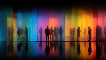 Numerous figures are seen silhouetted against a vibrant backdrop of colored light. The image showcases vertical bands of color that reflect off a smooth, dark surface, creating a dynamic visual. The composition and lighting suggest a contemporary art installation or exhibit, suitable for various editorial and design projects.の素材