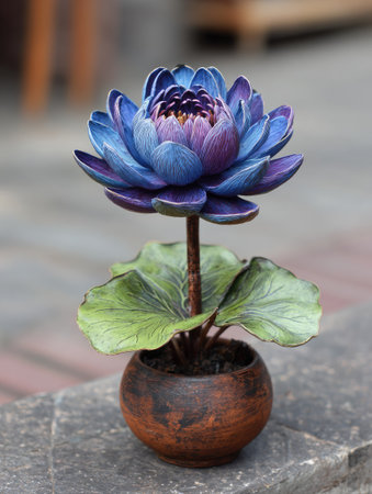A striking blue lotus flower is the focal point of this image, presented in a small, rustic pot. The bloom exhibits multiple shades of blue and purple. The composition features vivid greens and a blurred background, suggesting an outdoor environment. This image is suitable for various commercial uses, including artistic designs.の素材