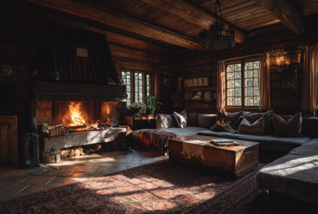 This interior showcases a warm and inviting living room. A fireplace is central, casting light on wooden surfaces and a patterned rug. Comfortable seating is arranged around a coffee table. Natural light streams through windows, suggesting a daytime scene, potentially suitable for design or lifestyle applications.の素材