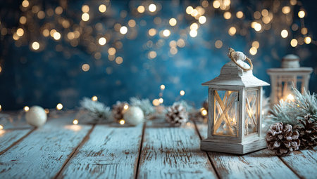 A close-up view presents decorative lanterns on a wooden surface, adorned with soft lights. The composition highlights a winter theme with pine cones and festive ornaments. This image could be used for illustrating various seasonal events, holidays, or creating attractive designs for editorial and commercial purposes.の素材
