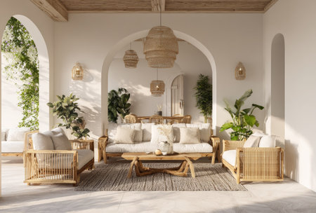 An inviting outdoor living area features light-colored wood furniture and a neutral color palette. The composition includes sofas and armchairs arranged around a coffee table. Overhead, woven light fixtures hang from the ceiling, while greenery enhances the aesthetic. Suitable for lifestyle, design, and architectural applications.の素材